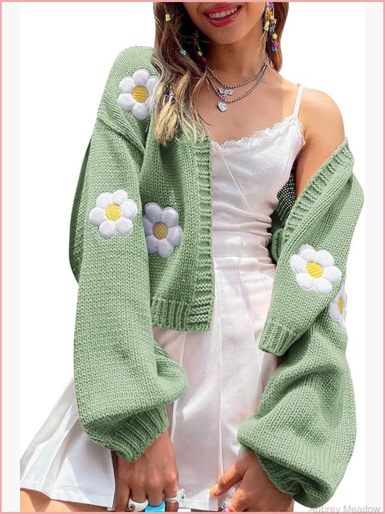 Y2k Cropped Knit Cardigan Long Sleeve Open Front Floral 90s Shrug College Outfit